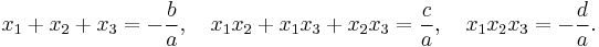  x_1 %2B x_2 %2B x_3 = - \frac{b}{a}, \quad x_1 x_2 %2B x_1 x_3 %2B x_2 x_3 = \frac{c}{a}, \quad x_1 x_2 x_3 = - \frac{d}{a}.