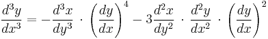  \frac{d^3y}{dx^3} = - \frac{d^3x}{dy^3}\,\cdot\,\left(\frac{dy}{dx}\right)^4 -
3 \frac{d^2x}{dy^2}\,\cdot\,\frac{d^2y}{dx^2}\,\cdot\,\left(\frac{dy}{dx}\right)^2