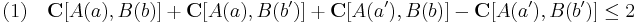 \ (1) \quad \mathbf{C}[A(a), B(b)] %2B \mathbf{C}[A(a), B(b')] %2B \mathbf{C}[A(a'), B(b)] - \mathbf{C}[A(a'), B(b')] \leq 2