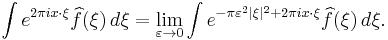 \int e^{2\pi i x\cdot\xi}\widehat{f}(\xi)\,d\xi = \lim_{\varepsilon \to 0}\int e^{-\pi\varepsilon^2|\xi|^2 %2B 2\pi i x\cdot\xi}\widehat{f}(\xi)\,d\xi.