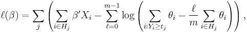 
\ell(\beta) = \sum_j \left(\sum_{i\in H_j} \beta^\prime X_i -\sum_{\ell=0}^{m-1}\log\left(\sum_{i:Y_i\ge t_j}\theta_i - \frac{\ell}{m}\sum_{i\in H_j}\theta_i\right)\right),
