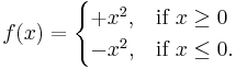 f(x) = \begin{cases} %2Bx^2, & \mbox{if }x\ge 0 \\ -x^2, & \mbox{if }x \le 0.\end{cases}