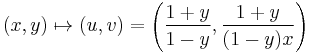 
(x,y) \mapsto (u,v) = \left(\frac{1%2By}{1-y},\frac{1%2By}{(1-y)x}\right)
