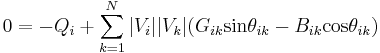 0 = -Q_{i} %2B \sum_{k=1}^{N}|V_{i}||V_{k}|(G_{ik}\mbox{sin}\theta_{ik}-B_{ik}\mbox{cos}\theta_{ik})