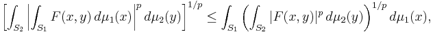  \left[\int_{S_2}\left|\int_{S_1}F(x,y)\,d\mu_1(x)\right|^pd\mu_2(y)\right]^{1/p} \le \int_{S_1}\left(\int_{S_2}|F(x,y)|^p\,d\mu_2(y)\right)^{1/p}d\mu_1(x),