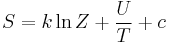 S = k\ln Z %2B \frac{U}{T} %2B c\,