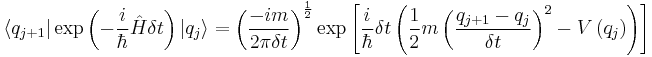 
   \langle q_{j%2B1} | \exp\left( {- {i \over \hbar } \hat H \delta t} \right) |q_j\rangle =
\left( {-i m \over 2\pi \delta t } \right)^{1\over 2} 
\exp\left[ {i\over \hbar} \delta t \left( {1\over 2} m \left( {q_{j%2B1}-q_j \over \delta t } \right)^2 - 
 V \left( q_j \right)   \right) \right]
 