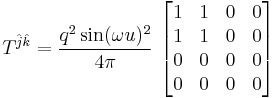  T^{\hat{j} \hat{k}} = \frac{q^2 \sin(\omega u)^2}{4 \pi} \, \left[ \begin{matrix} 1&1&0&0\\1&1&0&0\\0&0&0&0\\0&0&0&0 \end{matrix} \right] 