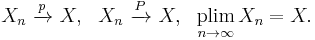 
    X_n \ \xrightarrow{p}\ X,\ \ 
    X_n \ \xrightarrow{P}\ X,\ \ 
    \underset{n\to\infty}{\operatorname{plim}}\, X_n = X.
  