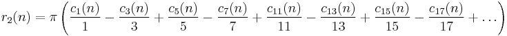 
r_2(n)= 
\pi
\left(
\frac{c_1(n)}{1}-
\frac{c_3(n)}{3}%2B
\frac{c_5(n)}{5}-
\frac{c_7(n)}{7}%2B
\frac{c_{11}(n)}{11}-
\frac{c_{13}(n)}{13}%2B
\frac{c_{15}(n)}{15}-
\frac{c_{17}(n)}{17}%2B
\dots
\right)
