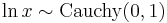  \ln x \sim \textrm{Cauchy}(0,1)\,