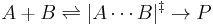 A %2B B \rightleftharpoons |A \cdots B|^{\ddagger} \rightarrow P 