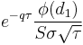  e^{-q \tau} \frac{\phi(d_1)}{S\sigma\sqrt{\tau}} \, 