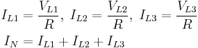 \begin{align}
I_{L1} &= \frac{V_{L1}}{R},\; I_{L2}=\frac{V_{L2}}{R},\; I_{L3}=\frac{V_{L3}}{R}\\
I_{N} &= I_{L1} %2B I_{L2} %2B I_{L3}
\end{align}