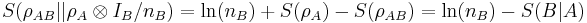 S(\rho_{AB} || \rho_{A} \otimes I_{B}/n_B) = \mathrm{ln}(n_B) %2B S(\rho_{A}) - S(\rho_{AB}) = \mathrm{ln}(n_B)- S(B|A)