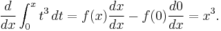 {d \over dx} \int_0^x t^3\, dt = f(x) {dx \over dx} - f(0) {d0 \over dx} = x^3.