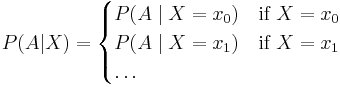 
P(A|X) = \begin{cases}
P(A\mid X=x_0) & \text{if }X=x_0 \\
P(A\mid X=x_1) & \text{if }X=x_1 \\
\ldots
\end{cases}
