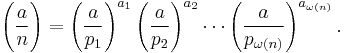 \Bigg(\frac{a}{n}\Bigg) = \left(\frac{a}{p_1}\right)^{a_1}\left(\frac{a}{p_2}\right)^{a_2}\cdots \left(\frac{a}{p_{\omega(n)}}\right)^{a_{\omega(n)}}.