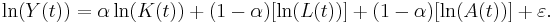 \ln(Y(t))= \alpha \ln(K(t)) %2B (1-\alpha)[\ln(L(t))] %2B (1-\alpha)[\ln(A(t))] %2B \varepsilon. \, 