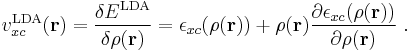 v_{xc}^{\mathrm{LDA}}(\mathbf{r}) = \frac{\delta E^{\mathrm{LDA}}}{\delta\rho(\mathbf{r})} = \epsilon_{xc}(\rho(\mathbf{r})) %2B \rho(\mathbf{r})\frac{\partial \epsilon_{xc}(\rho(\mathbf{r}))}{\partial\rho(\mathbf{r})}\ .