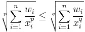 \sqrt[p]{\sum_{i=1}^n\frac{w_i}{x_i^p}}\leq \sqrt[q]{\sum_{i=1}^n\frac{w_i}{x_i^q}}