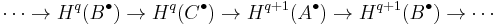 \cdots\rightarrow H^q(B^\bull) \rightarrow H^q(C^\bull) \rightarrow H^{q%2B1}(A^\bull) \rightarrow H^{q%2B1}(B^\bull) \rightarrow\cdots