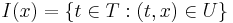  I(x) = \{ t \in T�: (t,x) \in U \}\,