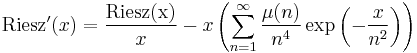 {\rm Riesz}'(x) = \frac{{\rm Riesz(x)}}{x} - x\left(\sum_{n=1}^\infty \frac{\mu(n)}{n^4} \exp\left(-\frac{x}{n^2}\right)\right)