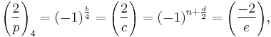 \Bigg(\frac{2}{p}\Bigg)_4 =\left(-1\right)^\frac{b}{4} =\Bigg(\frac{2}{c}\Bigg) =\left(-1\right)^{n%2B\frac{d}{2}} =\Bigg(\frac{-2}{e}\Bigg), 