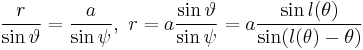 {r \over \sin \vartheta} = {a \over \sin \psi},\ r = a \frac {\sin \vartheta}{\sin \psi} = a \frac {\sin l(\theta)}{\sin (l(\theta) - \theta)}