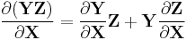 
\frac{\partial (\mathbf{Y}\mathbf{Z})}{\partial \mathbf{X}} = \frac{\partial\mathbf{Y}}{\partial\mathbf{X}}{\mathbf{Z}} %2B \mathbf{Y}\frac{\partial\mathbf{Z}}{\partial \mathbf{X}}
