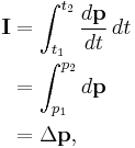 \begin{align}
 \mathbf{I} &= \int_{t_1}^{t_2} \frac{d\mathbf{p}}{dt}\, dt \\
 &= \int_{p_1}^{p_2} d\mathbf{p} \\
 &= \Delta \mathbf{p}, \end{align} 