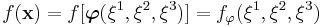 
   f(\mathbf{x}) = f[\boldsymbol{\varphi}(\xi^1,\xi^2,\xi^3)] = f_\varphi(\xi^1,\xi^2,\xi^3)
 