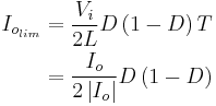 \begin{align}
  I_{o_{lim}} &= \frac{V_i}{2L}D\left(1-D\right)T\\
              &= \frac{I_o}{2\left|I_o\right|} D\left(1-D\right)
\end{align}