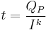 t = \frac {Q_P} {I^k}