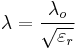 \lambda =\frac{\lambda _{o}}{\sqrt{\varepsilon _{r}}} 