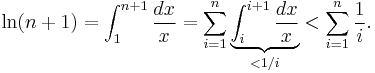 
\ln(n%2B1)
= \int_1^{n%2B1}\frac{dx}x
=\sum_{i=1}^n\underbrace{\int_i^{i%2B1}\frac{dx}x}_{{}<1/i}
<\sum_{i=1}^n{\frac{1}{i}}.
