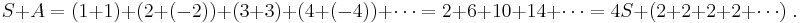 S%2BA=(1%2B1)%2B(2%2B(-2))%2B(3%2B3)%2B(4%2B(-4))%2B\cdots=2%2B6%2B10%2B14%2B\cdots=4S%2B(2%2B2%2B2%2B2%2B\cdots)\; .