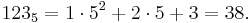 123_5 = 1 \cdot 5^2 %2B 2 \cdot 5 %2B 3 =38.