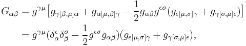 \begin{align}G_{\alpha\beta} & = g^{\gamma\mu}\bigl[ g_{\gamma[\beta,\mu]\alpha} %2B g_{\alpha[\mu,\beta]\gamma} - \frac{1}{2} g_{\alpha\beta} g^{\epsilon\sigma} (g_{\epsilon[\mu,\sigma]\gamma} %2B g_{\gamma[\sigma,\mu]\epsilon})\bigr] \\ & = g^{\gamma\mu} (\delta^\epsilon_\alpha \delta^\sigma_\beta - \frac{1}{2} g^{\epsilon\sigma}g_{\alpha\beta})(g_{\epsilon[\mu,\sigma]\gamma} %2B g_{\gamma[\sigma,\mu]\epsilon}),\end{align}