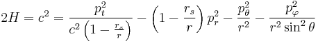 
2 H = c^{2} = \frac{p_{t}^{2}}{c^{2} \left( 1 - \frac{r_{s}}{r} \right)} - \left( 1 - \frac{r_{s}}{r} \right) p_{r}^{2} - \frac{p_{\theta}^{2}}{r^{2}} - \frac{p_{\varphi}^{2}}{r^{2}\sin^{2} \theta} 
