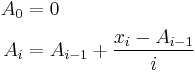 \begin{align}
A_0 &= 0\\
A_i &= A_{i-1}%2B\frac{x_i-A_{i-1}}{i}
\end{align}