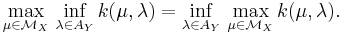 
\max_{\mu\in{\mathcal M}_X}\,\inf_{\lambda\in A_Y}k(\mu,\lambda)=
\inf_{\lambda\in A_Y}\,\max_{\mu\in{\mathcal M}_X} k(\mu,\lambda).
