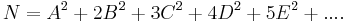 
N = A^2%2B2B^2%2B3C^2%2B4D^2%2B5E^2%2B....
