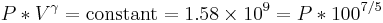  P * V^{\gamma} = \operatorname{constant} = 1.58 \times 10^9 = P * 100^{7/5} 