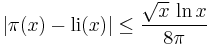 |\pi(x)-{\rm li}(x)|\le\frac{\sqrt x\,\ln x}{8\pi}