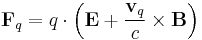 \mathbf{F}_q = q \cdot \left(\mathbf{E} %2B \frac{\mathbf{v}_q}{c} \times \mathbf{B}\right) \,