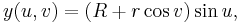 y(u, v) = \left(R %2B r\cos{v}\right)\sin{u}, 