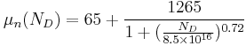 \mu_n(N_D) = 65 %2B \frac{1265}{1%2B(\frac{N_D}{8.5\times10^{16}})^{0.72}}