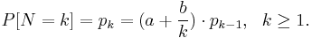 P[N=k] = p_k= (a %2B \frac{b}{k}) \cdot p_{k-1},~~k \ge 1.\, 